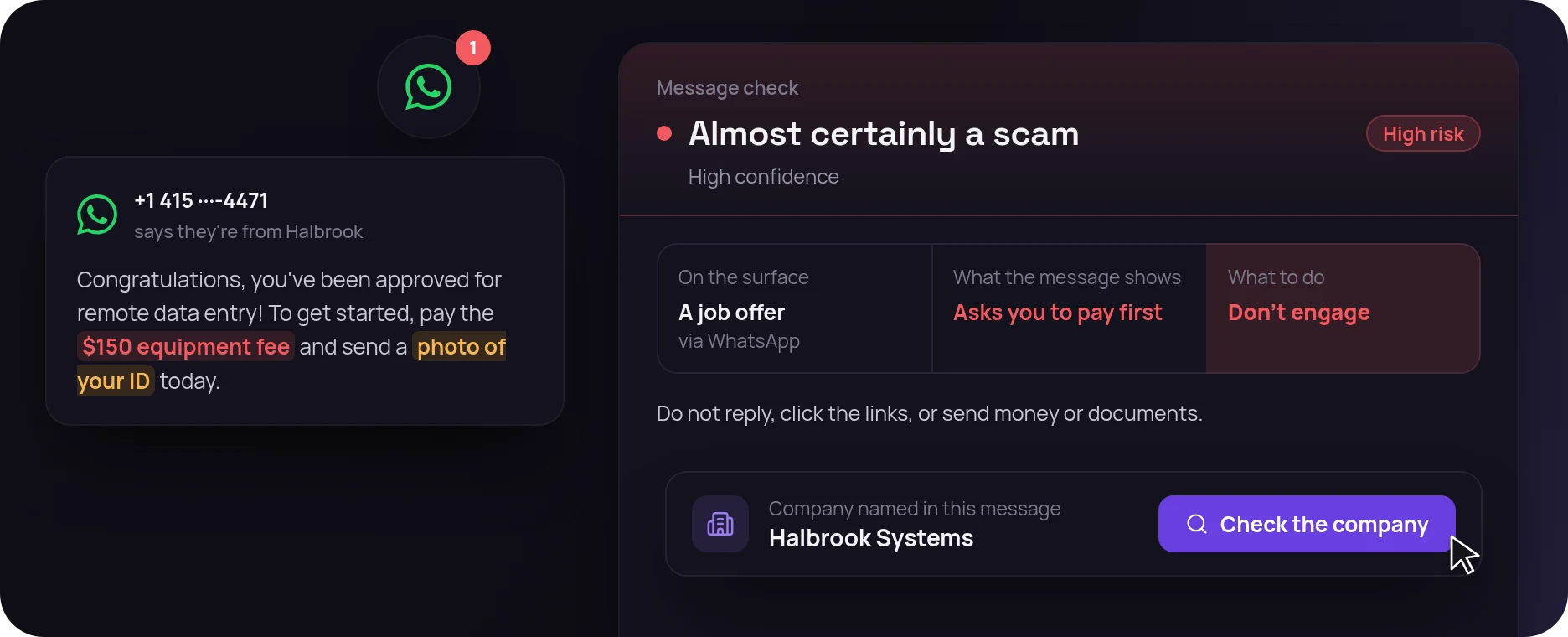 A WhatsApp message asking for a fee and a photo of an ID, and the result: almost certainly a scam, don't engage.