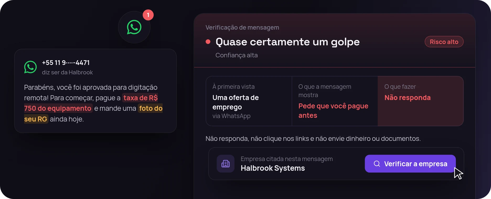 Mensagem de WhatsApp pedindo taxa e foto do RG, e o resultado: quase certamente um golpe, não responda.