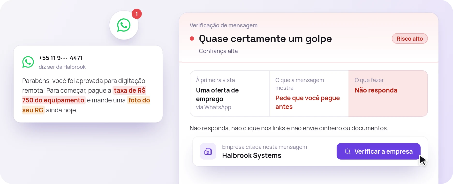 Mensagem de WhatsApp pedindo taxa e foto do RG, e o resultado: quase certamente um golpe, não responda.