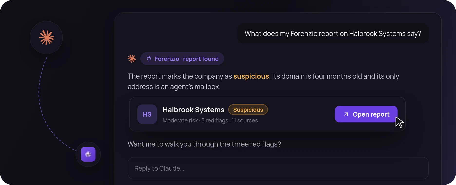 A Claude conversation that pulls up the Forenzio report on Halbrook Systems.