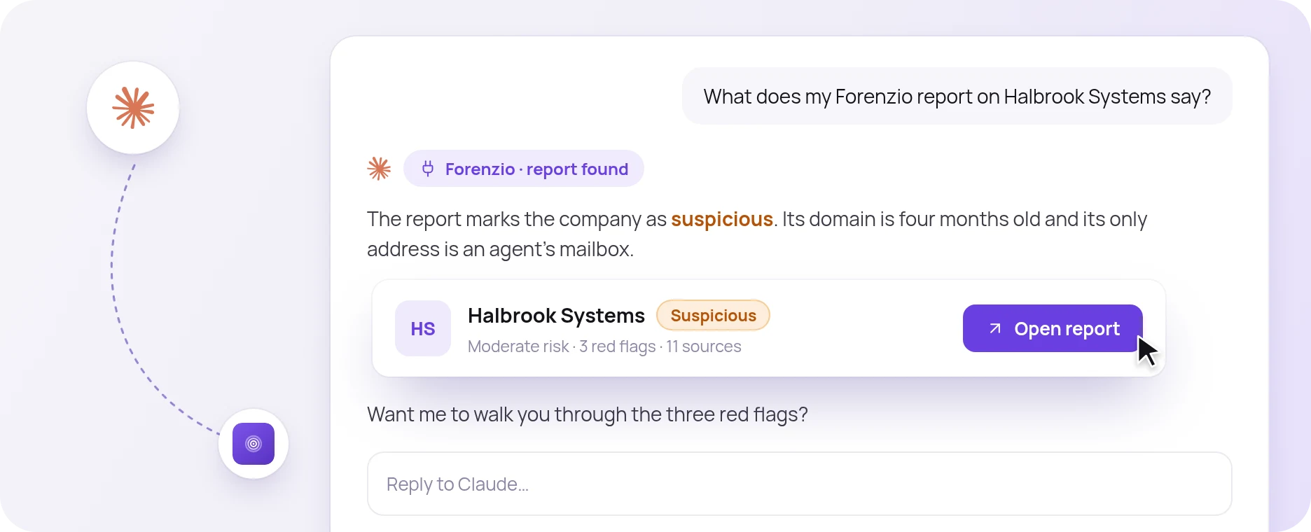A Claude conversation that pulls up the Forenzio report on Halbrook Systems.