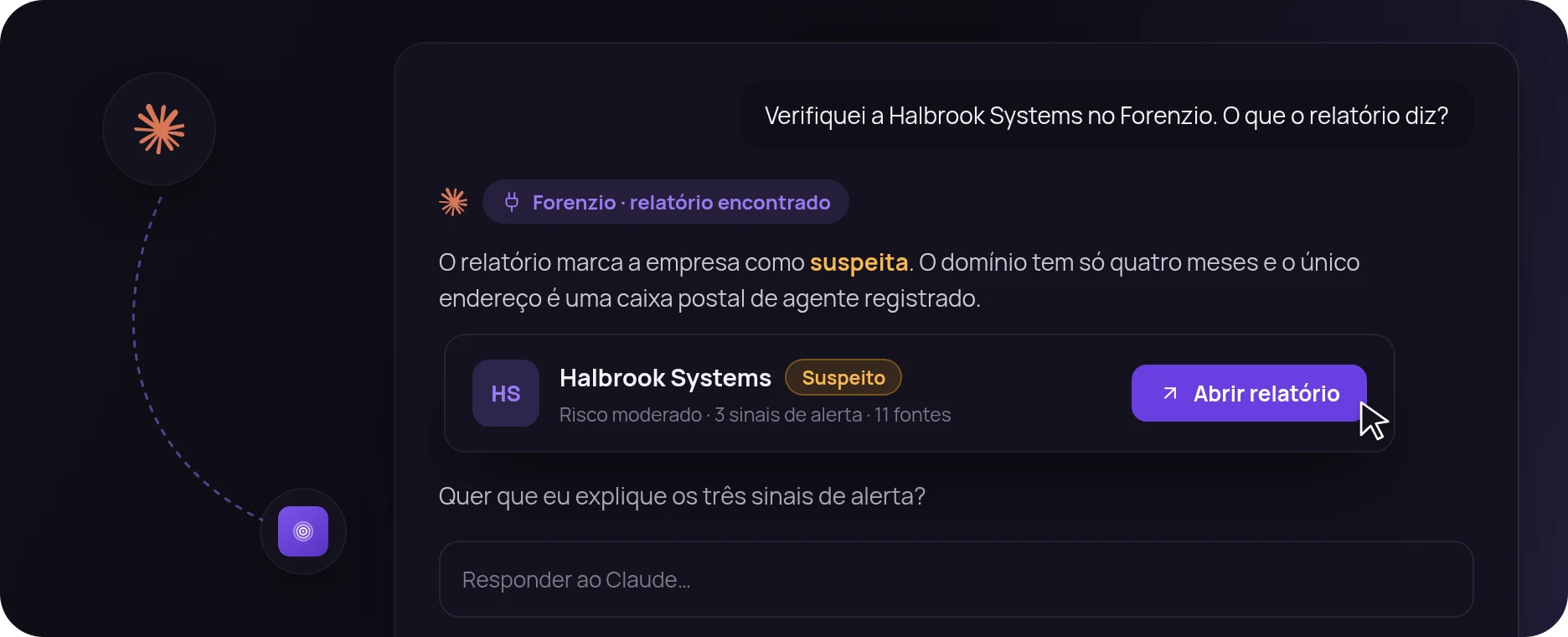 Conversa no Claude que consulta o relatório do Forenzio sobre a Halbrook Systems.