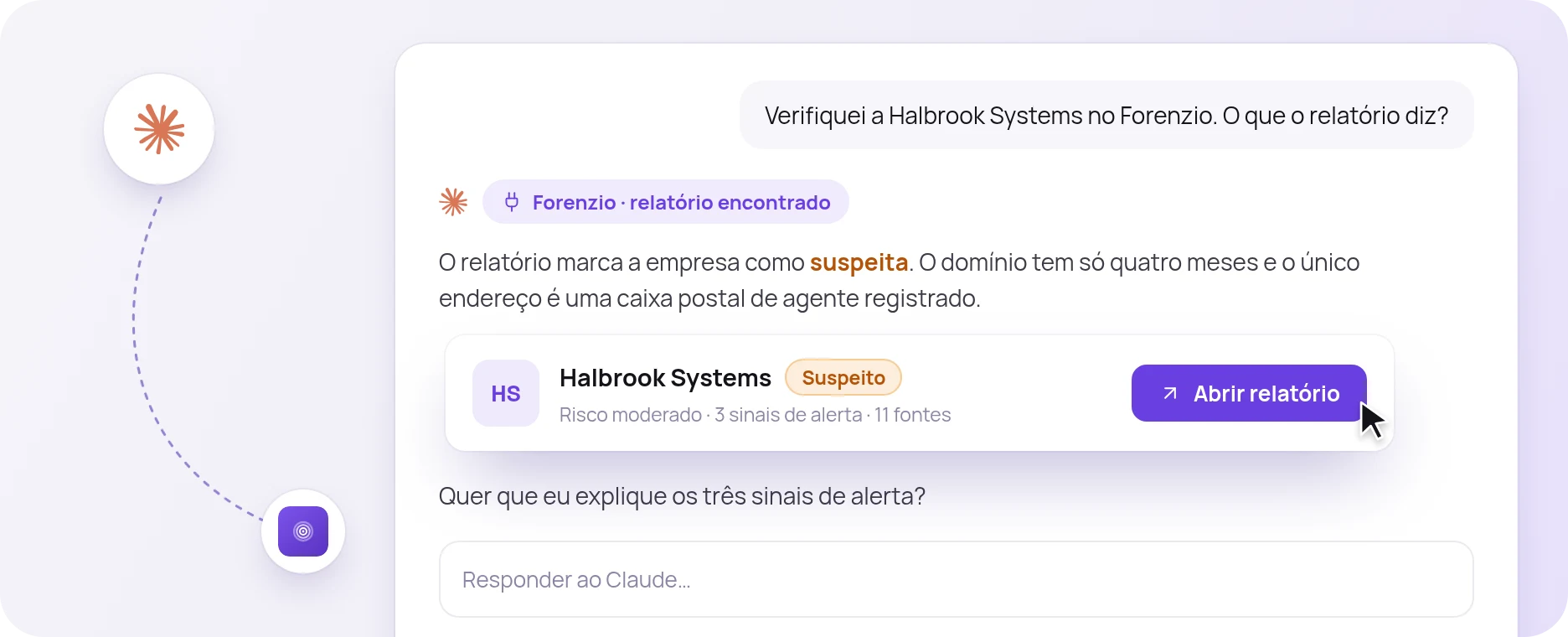 Conversa no Claude que consulta o relatório do Forenzio sobre a Halbrook Systems.